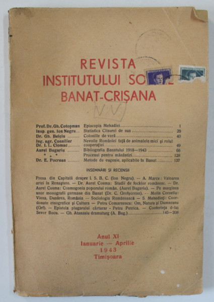 REVISTA INSTITUTULUI SOCIAL BANAT - CRISANA , ANUL XI , IANUARIE - APRILIE , 1943