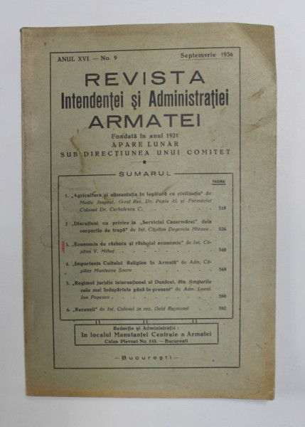 REVISTA INTENDENTEI SI ADMINISTRATIEI ARMATEI , ANUL XVI , NO. 9, SEPTEMBRIE , 1936