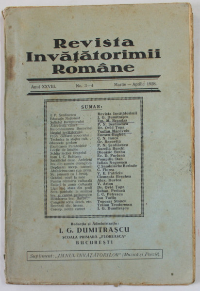 REVISTA INVATATORIMII ROMANE , ANUL XXVIII , NR. 3-4 , MARTIE - APRILIE , 1928