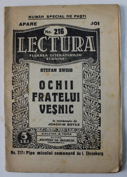REVISTA &quot; LECTURA &quot; - FLOAREA LITERATURII STRAINE , NO. 216  , EDITIE INTERBELICA