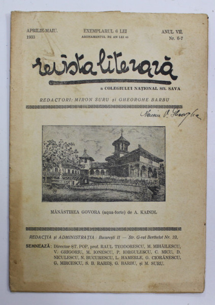 REVISTA LITERARA A COLEGIULUI NATIONAL SFANTUL SAVA , ANUL VII , NR. 6-7 , APRILIE - MAI , 1933