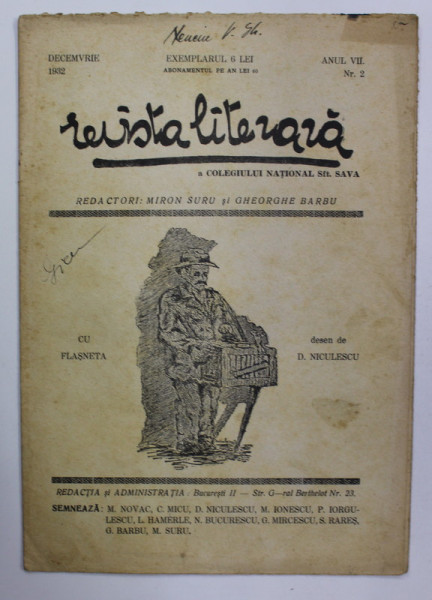 REVISTA LITERARA A COLEGIULUI NATIONAL SFANTUL SAVA , ANUL VII , NR.2 , DECEMBRIE , 1932