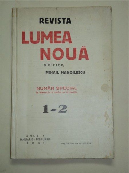 REVISTA LUMEA NOUA, NR. 1-2, ANUL X,  DIRECTOR MIHAIL MANOLESCU, 1941