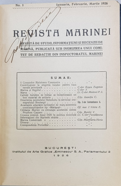 REVISTA MARINEI, NO. 1, IANUARIE, FEBRUARIE, MARTIE 1926 - BUCURESTI, 1926