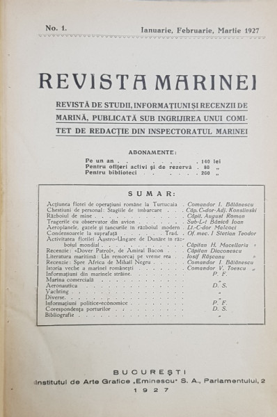 REVISTA MARINEI, NO. 1, IANUARIE, FEBRUARIE, MARTIE 1927 - BUCURESTI, 1927