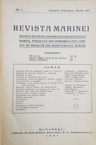 REVISTA MARINEI, NO. 1, IANUARIE, FEBRUARIE, MARTIE 1927 - BUCURESTI, 1927