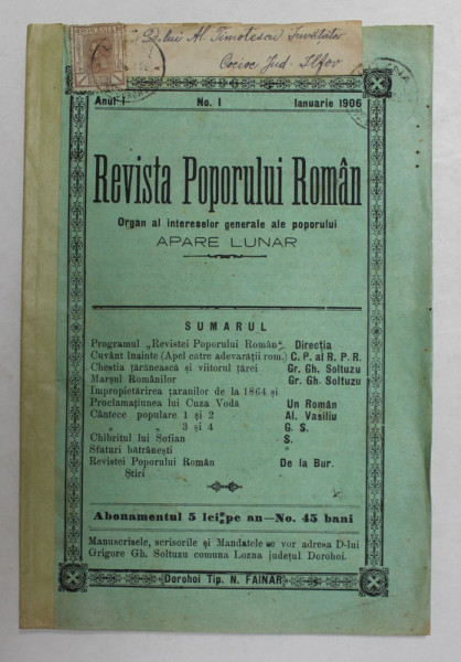 REVISTA POPORULUI ROMAN - ORGAN AL INTERESELOR GENERALE ALE POPORULUI , ANUL I , NR. 1 , IANUARIE , 1906