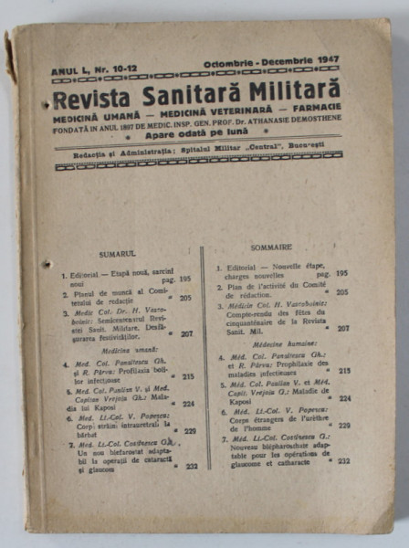 REVISTA SANITARA MILITARA , ANUL I , NR. 10 - 12 , 1947