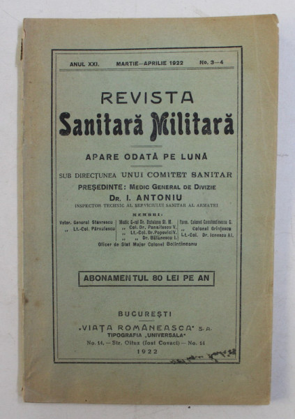 REVISTA SANITARA MILITARA , ANUL XXI , NO. 3 - 4 , MARTIE - APRILIE 1922
