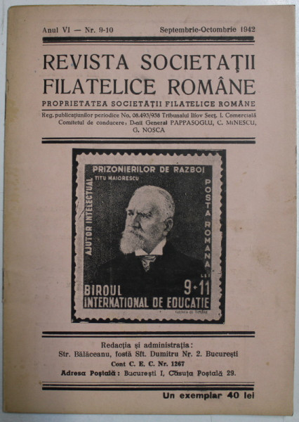 REVISTA SOCIETATII FILATELICE ROMANE , ANUL VI - NR. 9 - 10  , SEPTEMBRIE  - OCTOMBRIE  1942