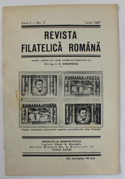 REVISTA SOCIETATII FILATELICE ROMANE , NR. 6  , IUNIE , 1937