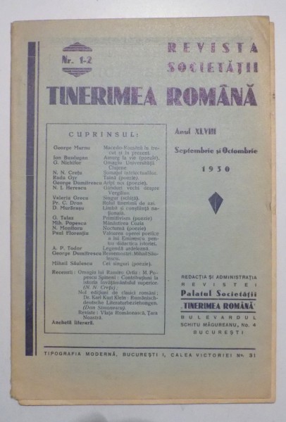 REVISTA SOCIETATII TINERIMEA ROMANA , ANUL XLVIII NR. 1-2 , 1930