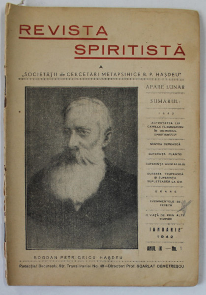 REVISTA SPIRITISTA A SOCIETATII DE CERCETARI METAPSIHICE B.P. HASDEU , no. 1 , 1942