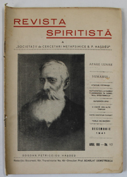 REVISTA SPIRITISTA A SOCIETATII DE CERCETARI METAPSIHICE B.P. HASDEU , no. 10 , 1941