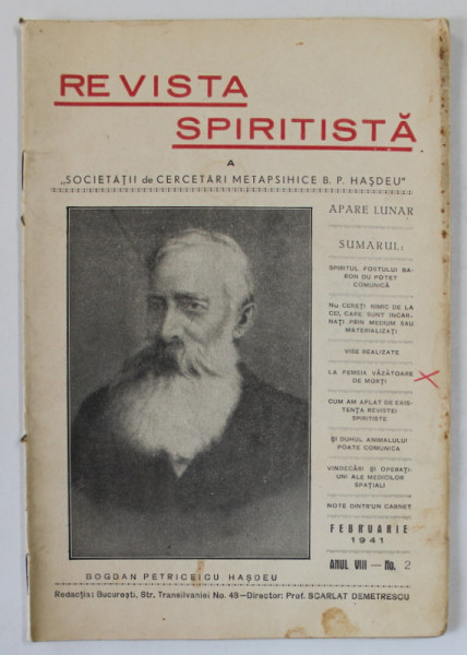REVISTA SPIRITISTA A SOCIETATII DE CERCETARI METAPSIHICE B.P. HASDEU , no. 2 , 1941