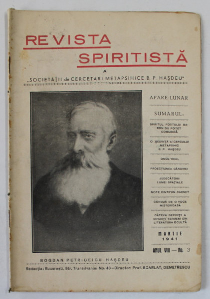 REVISTA SPIRITISTA A SOCIETATII DE CERCETARI METAPSIHICE B.P. HASDEU , no. 3 , 1941