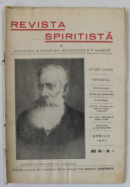 REVISTA SPIRITISTA A SOCIETATII DE CERCETARI METAPSIHICE B.P. HASDEU , no. 4 , 1941