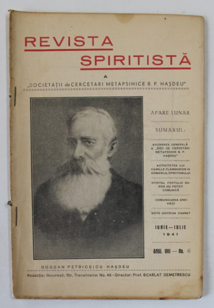 REVISTA SPIRITISTA A SOCIETATII DE CERCETARI METAPSIHICE B.P. HASDEU , no. 6 , 1941
