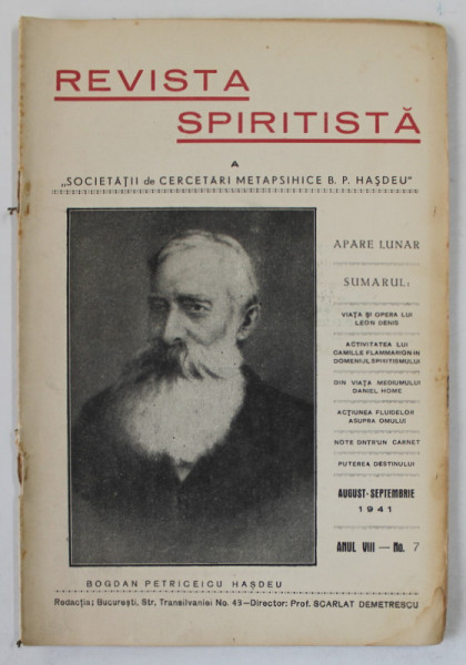 REVISTA SPIRITISTA A SOCIETATII DE CERCETARI METAPSIHICE B.P. HASDEU , no. 7 , 1941