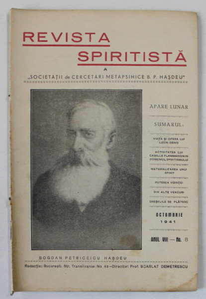REVISTA SPIRITISTA A SOCIETATII DE CERCETARI METAPSIHICE B.P. HASDEU , no. 8 , 1941