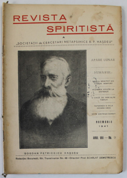 REVISTA SPIRITISTA A SOCIETATII DE CERCETARI METAPSIHICE B.P. HASDEU , no. 9 , 1941