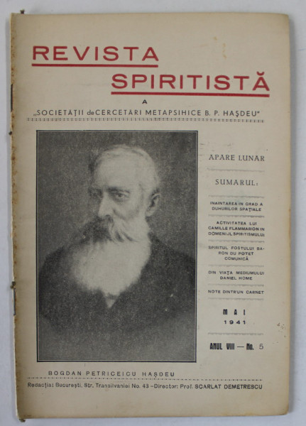 REVISTA SPIRITISTA A SOCIETATII DE CERCETARI METAPSIHICE B.P. HASDEU , no.5 , 1941
