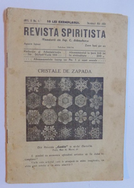 REVISTA SPIRITISTA , CRISTALE DE ZAPADA ANUL II ,NR 8 BUCURESTI MAI 1928