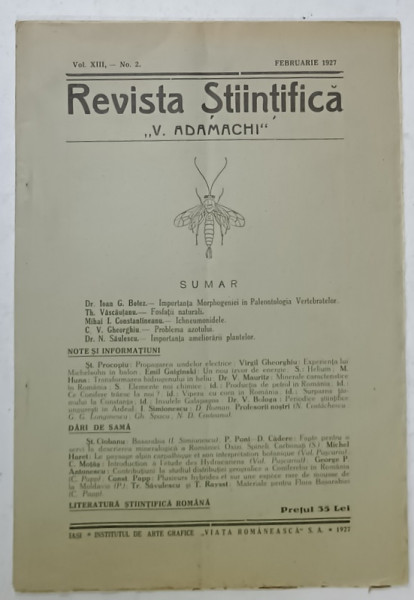 REVISTA STIINTIFICA  ' V. ADAMACHI ' , NR. 2 , IASI , FEBRUARIE 1927