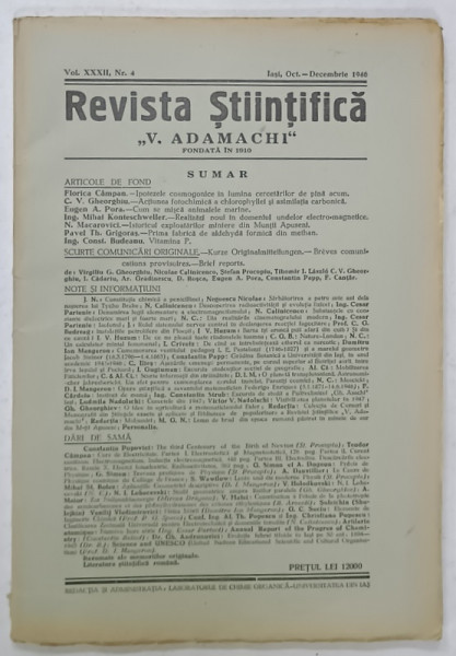 REVISTA STIINTIFICA  ' V. ADAMACHI ' , NR. 4 , IASI , OCT. - DECEMBRIE  , 1946