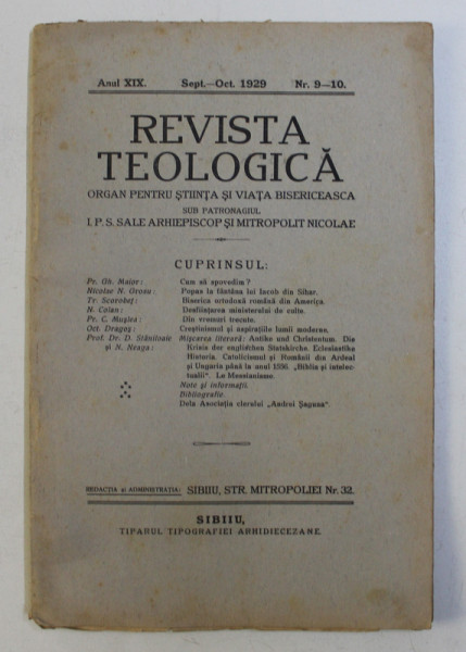 REVISTA TEOLOGICA , ORGAN PENTRU STIINTA SI VIATA BISERICEASCA , ANUL XIX , NR. 9 - 10 , SEPT-OCT 1929