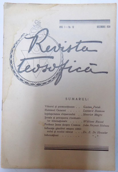 REVISTA TEOSOFICA ANUL I - No. 10 / DECEMBRIE 1934