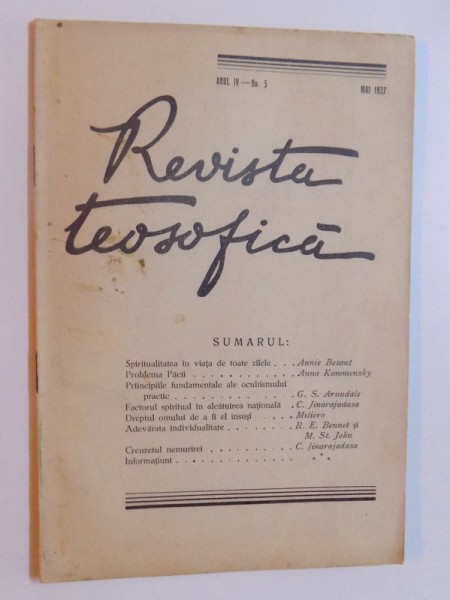 REVISTA TEOSOFICA ANUL IV - No. 5 /  MAI 1937
