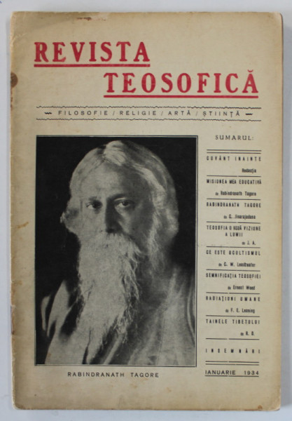 REVISTA TEOSOFICA , FILOSOFIE / RELIGIE / ARTA / STIINTA , ANUL I , No 1 , IANUARIE , 1934