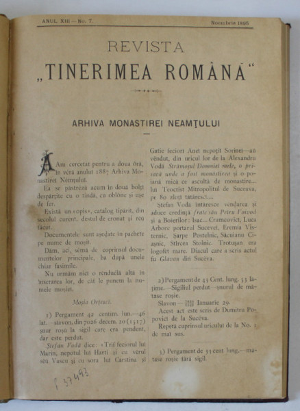 REVISTA '' TINERIMEA ROMANA '' COLEGAT DE 6 NUMERE , ANUL XIII , 1895 - 1896