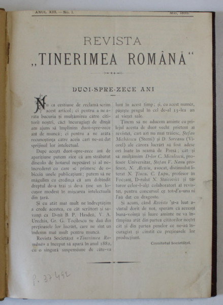 REVISTA '' TINERIMEA ROMANA '' COLEGAT DE 6 NUMERE , ANUL XIII , 1895