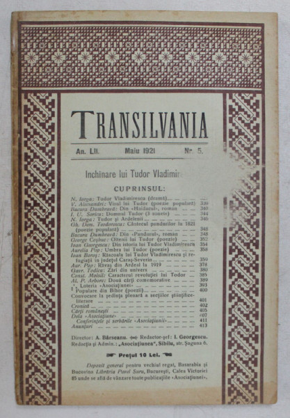 REVISTA TRANSILVANIA , ANUL LII , NUMARUL 5 , MAIU 1921 , 1921