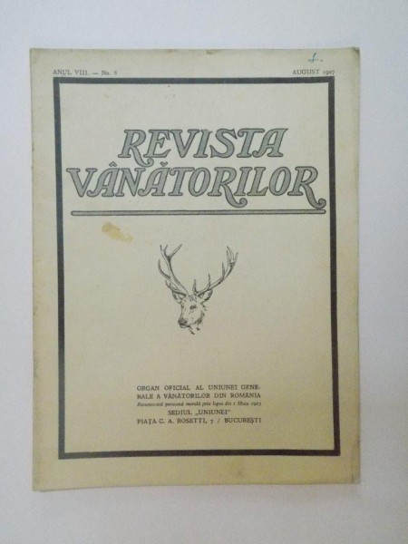 REVISTA VANATORILOR , ANUL VIII , NR. 8 , AUGUST 1927