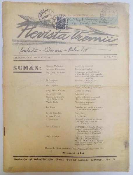 REVISTA VREMII , SOCIALA , LITERARA , POLEMICA , ANUL I , NO. 3 , 25 OCTOMBRIE 1934