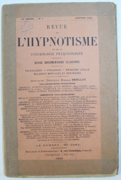 REVUE DE L'HYPNOTISME ET DE LA PSYCHOLOGIE PHYSIOLOGIQUE , 19e ANNEE - No7, JANVIER 1905