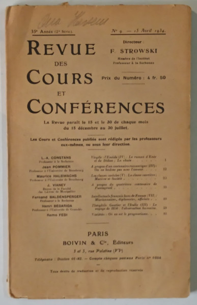 REVUE DES COURS ET CONFERENCES , NO. 9 , 15 AVRIL , 1934