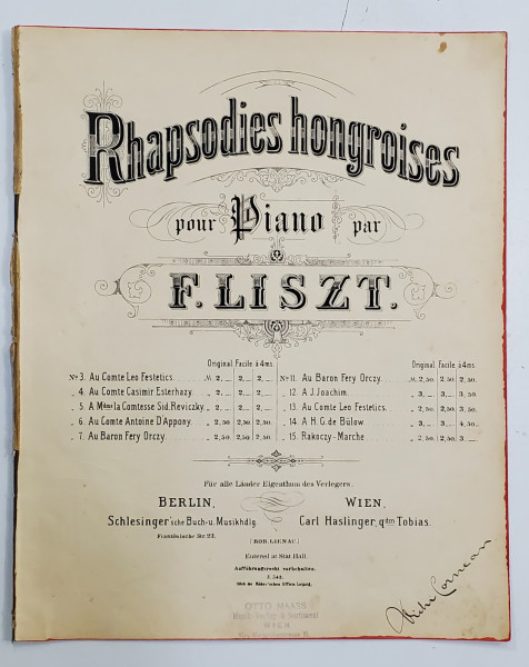 RHAPSODIES HONGROISES POUR PIANO  par F. LISZT , PARTITURA , SFARSITUL SEC. XIX