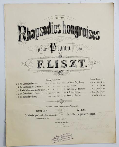 RHAPSODIES HONGROISES POUR PIANO par F. LISZT , PARTITURA , SFARSITUL SEC. XIX