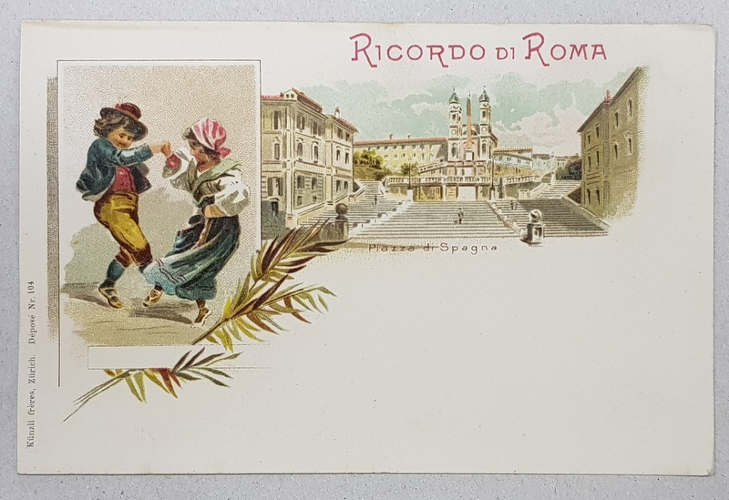 RICORDO DI ROMA - PIAZZA DI SPAGNA  , CARTE POSTALA ILUSTRATA , CROMOLITOGRAFIE , POLICROMA , CIRCULATA , CLASICA