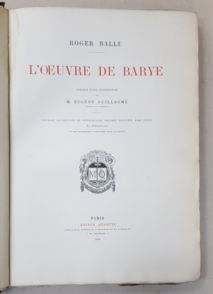 ROGER BALLU, L'OEUVRE DE BARYE - PARIS, 1890