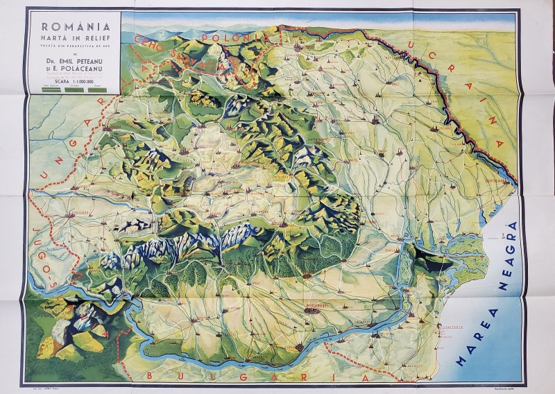 ROMANIA , HARTA IN RELIEF VAZUTA IN PERSPECTIVA DE SUS de EMIL PETEANU si E. POLACEANU , SCARA 1 : 1.000.000 , ANII '30