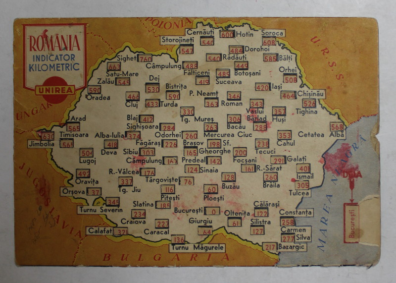 ROMANIA - INDICATOR KILOMETRIC , DISTANTELE DE LA BUCURESTI LA CAPITALELE DE JUDET , 1939