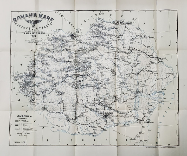 ROMANIA MARE , HARTA CAILOR FERATE , SCARA 1 : 1.750.000 ,  intocmita si desenata de TRAIAN GEORGESCU , 1920