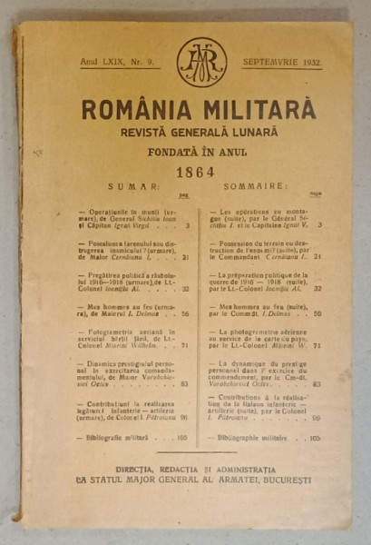 ROMANIA MILITARA , REVISTA GENERALA LUNARA , ANUL LXIX , NR. 9 , SEPTEMBRIE , 1932