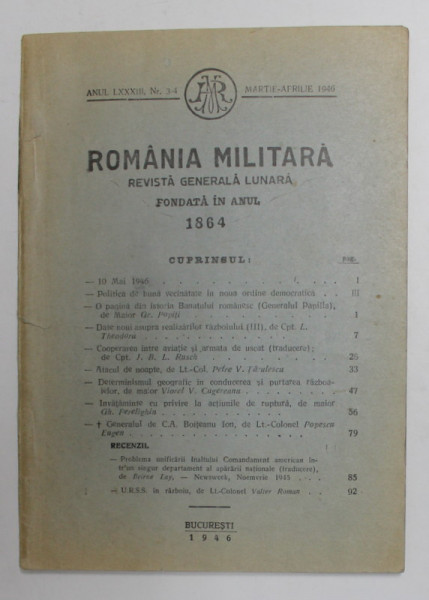 ROMANIA MILITARA - REVISTA GENERALA LUNARA , ANUL LXXXIII , NR. 3-4 , MARTIE - APRILIE , 1946