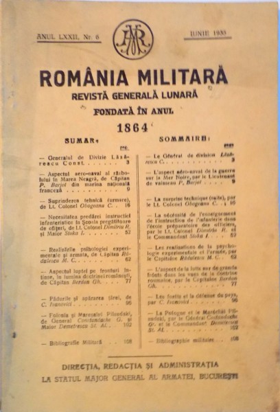 ROMANIA MILITARA, REVISTA GENERALA LUNARA FONDATA IN ANUL 1864, NR. 6, IUNIE 1935